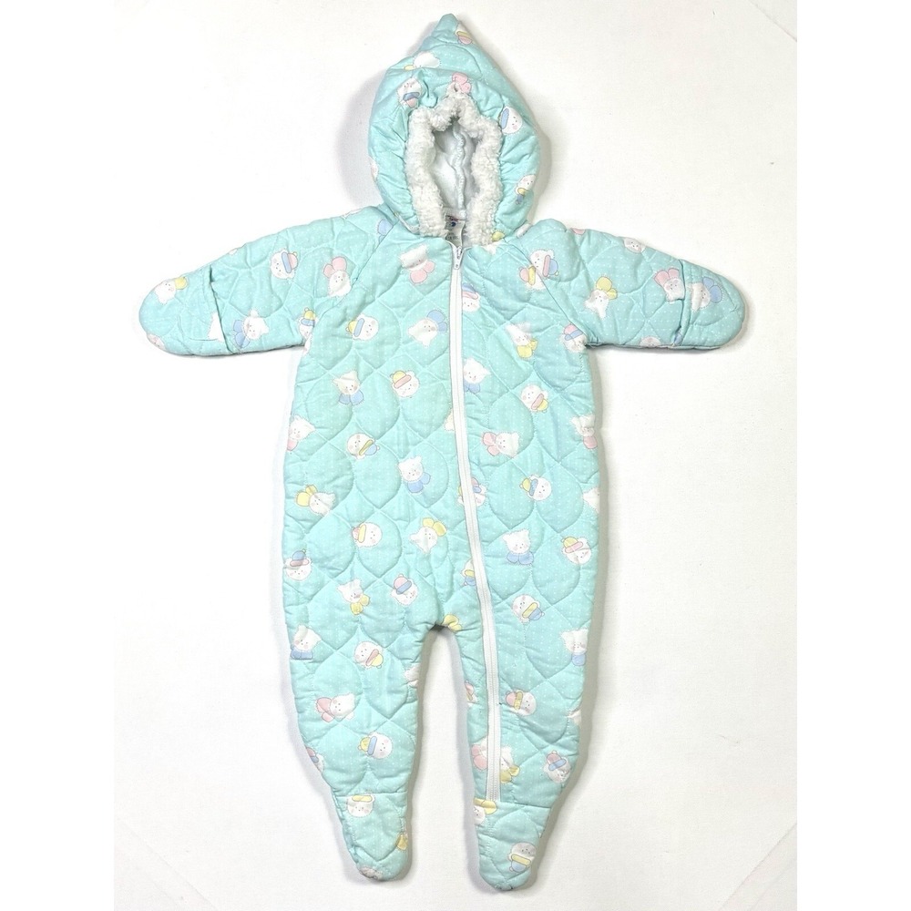 Cuddle Time Baby Pajamas MD To 18 Lbs Zip Quilted Blue Kitten Romper Made In USA